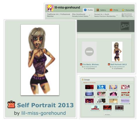 Three screenshots from Dallas Humber’s second Deviant Art profile. Her profile picture is two kittens drawn by Lisa Frank (a popular children’s artist from the 90’s). Her profile displays 15 of the 19 of the communities she’d joined, all of which are for hentai and gore fans. It also shows that one of her most recent works of art was censored as age-restricted content. The other is a self portrait, which depicts the artist in anime-style with choppy blonde hair, childlike facial features and exaggerated body proportions. She is wearing tiny black shorts on her exaggeratedly long and thin legs, and a cropped tank top partially covering her impossibly small waist which has a deep, vertical line extending upward from her navel. She has numerous bruises on her body, with double black eyes and a busted lip.