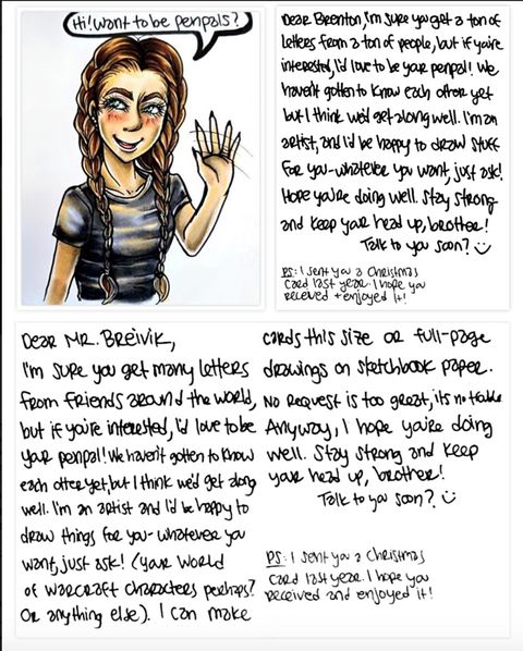 A series of three images show Dallas Humber’s letters to two other mass-murderers. The top left image shows an anime-style self-portrait that’s nearly identical to the one she sent to Dylan’s Roof. The top right image shows the letter she wrote to Brenton Tarrant, which is almost verbatim to the letter she sent to Roof with the exception of the text at the very bottom, which reads: “PS: I sent you a Christmas card last year. I hope you received and enjoyed it!” The image on the bottom shows the letter she wrote to Zander’s Breivik. Again, her letter contains almost identical wording as the other two, with the exception of a specific offer to draw this mass-murderer some of his World of Warcraft characters.